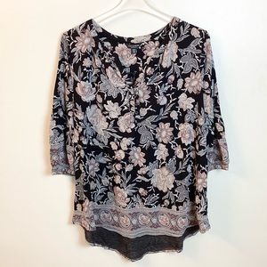 Lucky Brand 3/4 Sleeve Paisley Floral Henley Blouse - Black - 1X